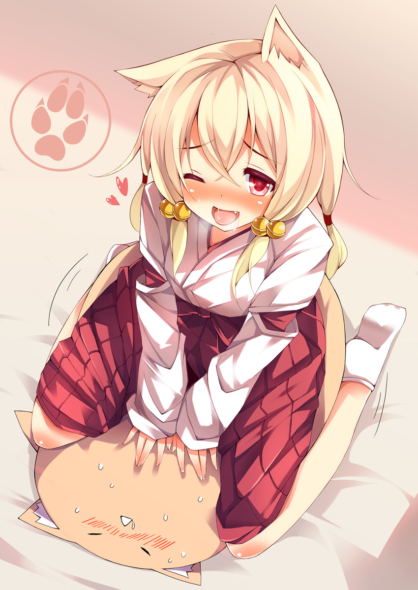 ;d animal_ears bed_sheet bell blonde_hair blush cat cat_ears chiri_(atlanta) dated detached_sleeves drooling fang hair_bell hair_ornament hair_tie hakama highres japanese_clothes jingle_bell miko nekojirou nose_blush one_eye_closed open_mouth original red_eyes red_hakama sexually_suggestive sitting smile solo tabi ten'inkou_korin wariza white_legwear