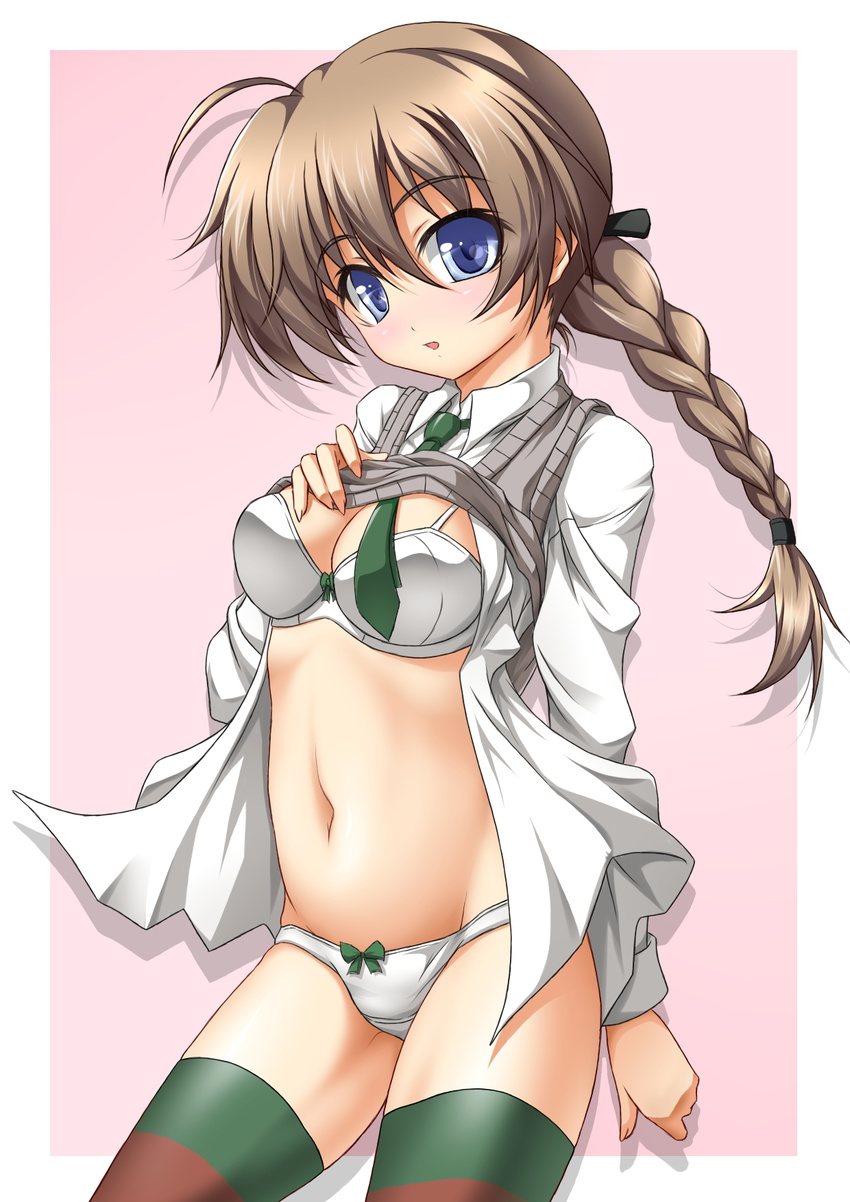 belly blue_eyes blush bow bra braid breasts brown_hair cardigan dress_shirt hair_bow highres lingerie long_hair lynette_bishop medium_breasts midriff navel necktie open_mouth panties roura shirt shirt_lift single_braid solo strike_witches striped striped_legwear thighhighs underwear white_panties world_witches_series