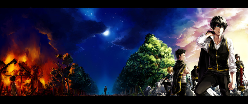 bad_id bad_pixiv_id belt black_hair blonde_hair blue_eyes building burning c_(pixiv06010823) cigarette cloud crossed_arms full_moon gintama highres hijikata_toushirou holding katana kondou_isao letterboxed male_focus moon multiple_boys multiple_persona night night_sky okita_sougo planted_sword planted_weapon red_eyes rubble scabbard sheath sheathed sky smoking sword uniform weapon yamazaki_sagaru