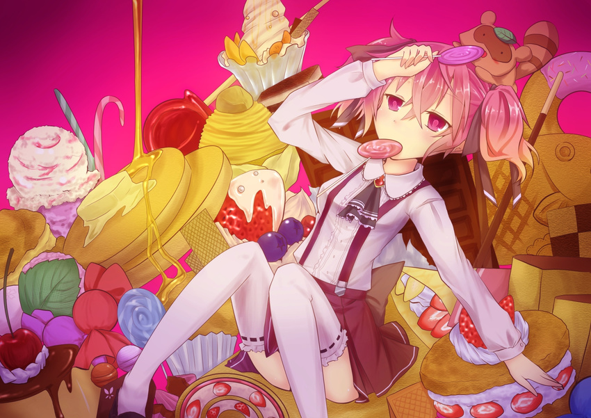 cherry inu_x_boku_ss pink_eyes pink_hair pocky roromiya_karuta skirt thighhighs watanuki_banri