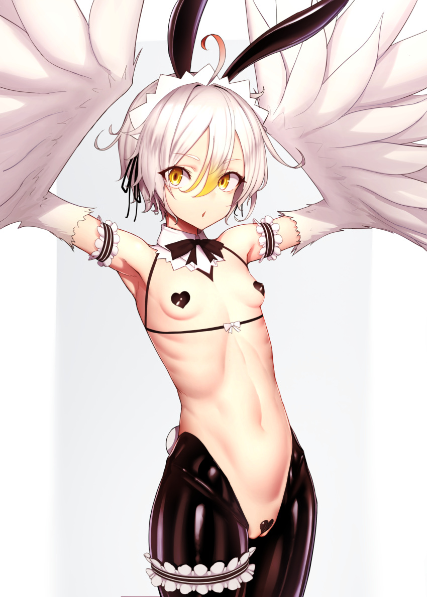 1girl actinium89 ahoge arm_garter armpits arms_up black_necktie breasts commentary_request commission cowboy_shot fake_tail feathers grey_hair hair_between_eyes harpy heart_maebari heart_pasties highres maebari maid_headdress meme_attire monster_girl navel necktie original pasties pussy reverse_bunnysuit reverse_outfit short_hair skeb_commission small_breasts solo tail white_feathers white_hair white_wings wings yellow_eyes