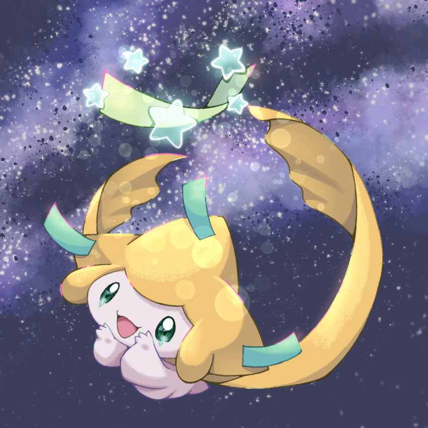 :d absurdres colored_skin floating full_body green_eyes highres jirachi milky_way night night_sky no_humans open_mouth pokemon pokemon_(creature) qixi_festival sky smile solo star_(sky) star_(symbol) tanabata white_skin yurika_(poire087)