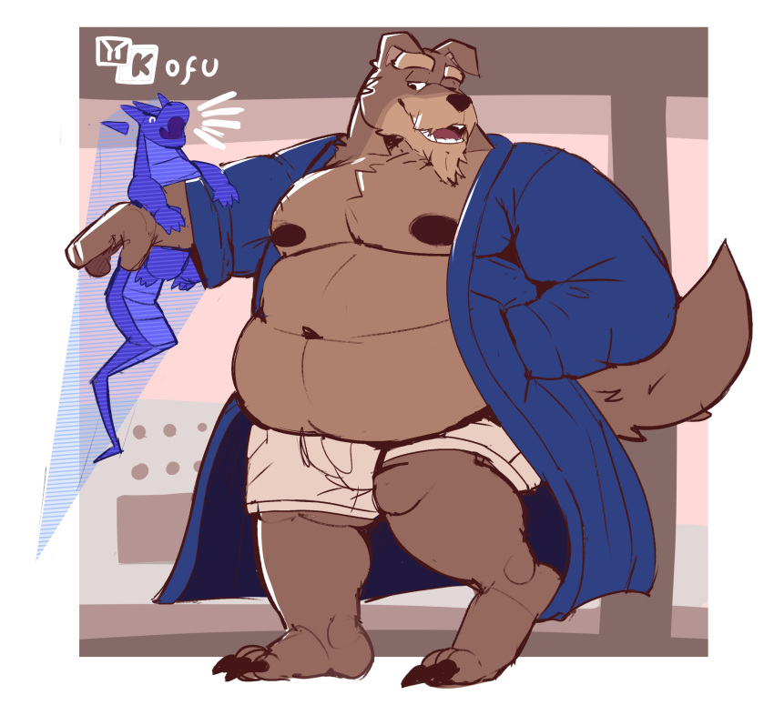 absurd_res barefoot belly blue_body blue_clothing boxers_(clothing) brown_body brown_fur canid canine canis claws clothed clothing coat dragon duo feet fur hi_res kofu_grizzly_chubby looking_at_another male mammal navel nipples overweight partially_clothed reptile scalie simple_background smile tail toe_claws topwear underwear wolf