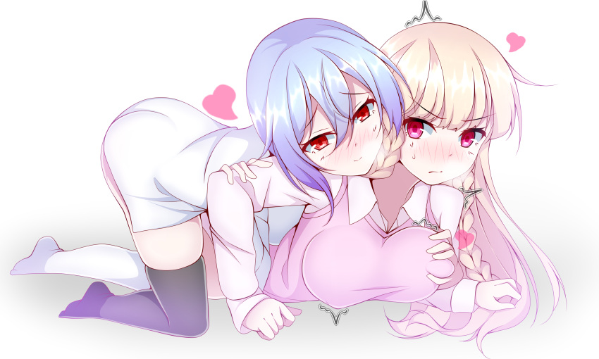2girls blonde_hair blue_hair blush clothes_lift commission grabbing grabbing_another's_breast groping highres long_hair maplestory multiple_girls pantyhose red_eyes thighhighs tkfkd780 yuri