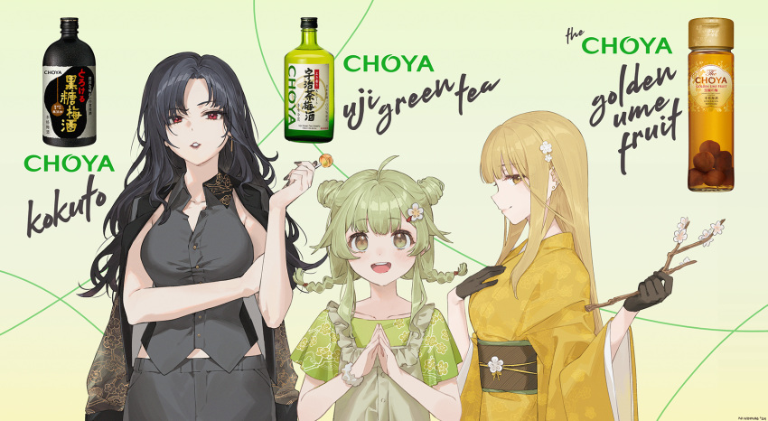 3girls ad ahoge alcohol black_gloves black_hair black_jacket black_pants black_shirt blonde_hair bottle branch candy choya double_bun dress earrings english_text floral_print flower food from_side gloves green_background green_dress green_eyes green_hair green_shirt hair_bun hand_on_own_chest highres holding holding_branch holding_candy holding_food holding_lollipop jacket jacket_on_shoulders japanese_clothes jewelry kimono lollipop long_hair looking_at_viewer multiple_girls ninomae_ina'nis_(artist) obi obijime own_hands_together pants personification plum_blossoms red_eyes sash shirt signature simple_background sleeveless sleeveless_shirt twintails umeshu wavy_hair yellow_eyes yellow_kimono