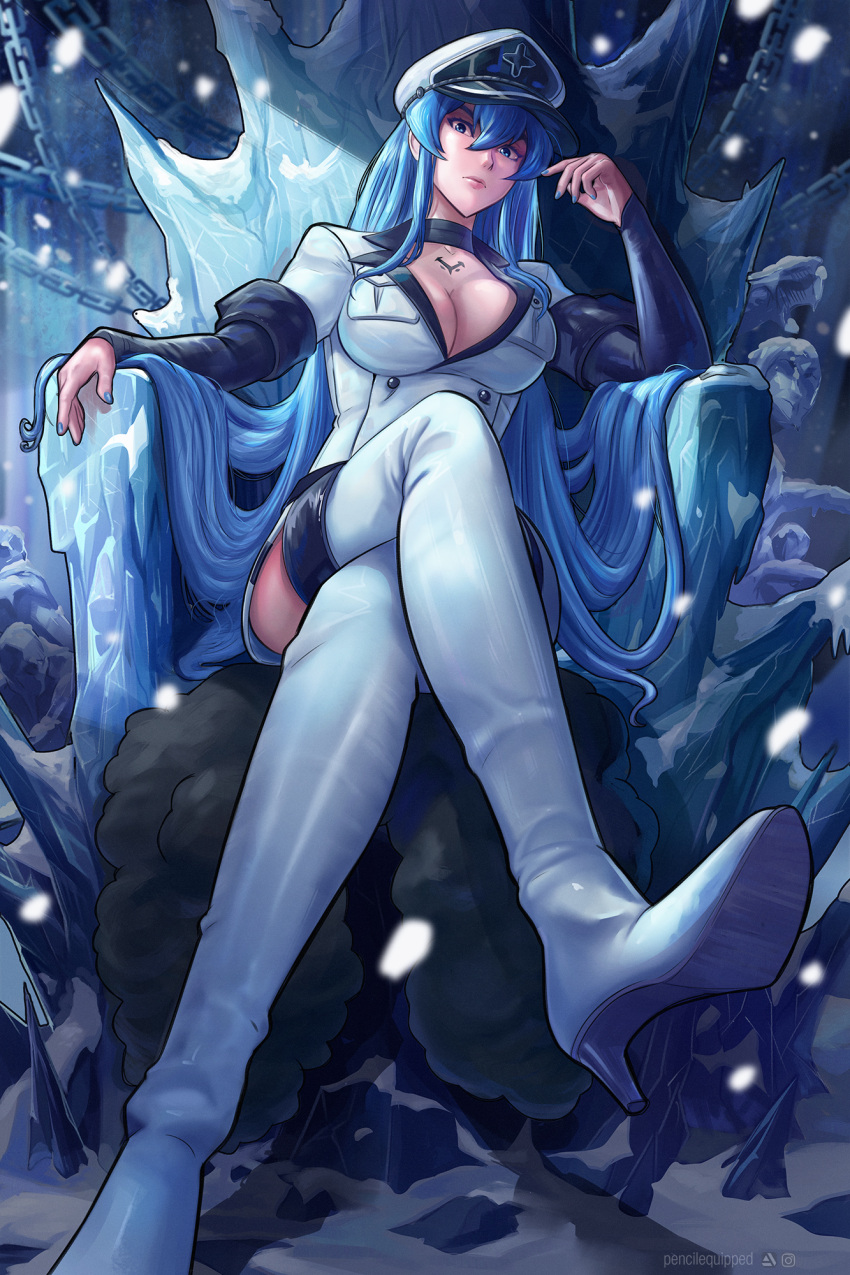 1girl akame_ga_kill! blue_eyes blue_hair blue_nails boots breasts cleavage crossed_legs esdeath hat highres ice large_breasts long_hair long_sleeves military military_uniform pencilequipped sitting snow solo throne uniform very_long_hair white_footwear