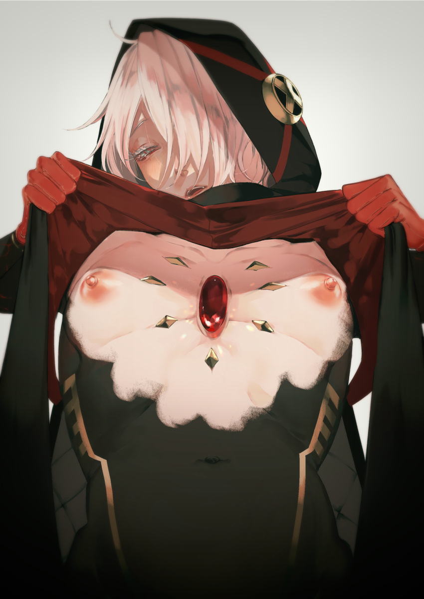 1boy androgynous blue_eyes blush clothes_lift colored_eyelashes facing_viewer fate/grand_order fate_(series) from_below gloves hair_over_one_eye half-closed_eyes highres hood hood_up karna_(fate) karna_(santa)_(fate) looking_at_viewer looking_down male_focus navel nipples open_mouth pectorals puffy_nipples red_gloves short_hair sm solo upper_body white_hair