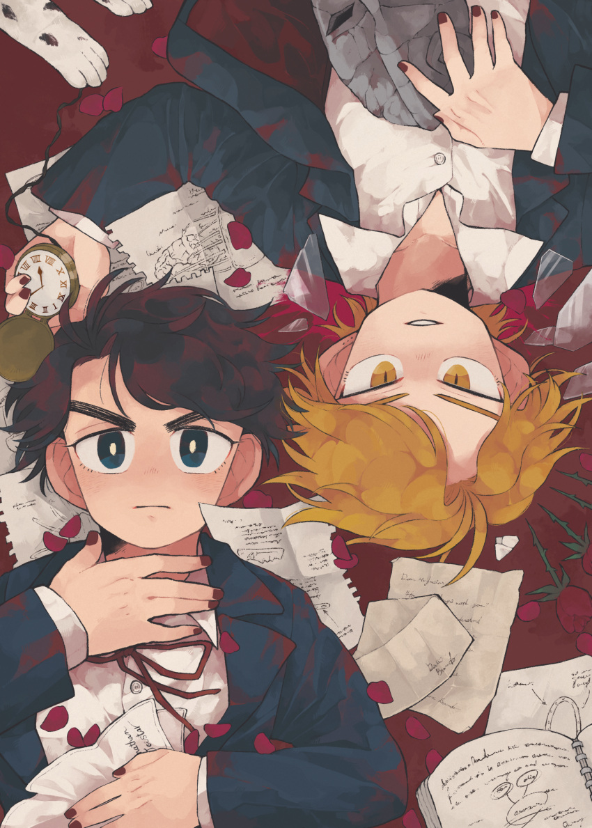 2boys absurdres blonde_hair blood blood_on_clothes blue_eyes blue_jacket book bright_pupils broken_glass brown_hair collared_shirt commentary_request danny_(jojo) dio_brando dog envelope flower from_above glass hand_on_own_neck highres holding holding_mask holding_pocket_watch jacket jojo_no_kimyou_na_bouken jonathan_joestar long_sleeves looking_at_viewer lying male_focus mask medium_hair multiple_boys nail_polish neck_ribbon on_back open_book paper petals phantom_blood pocket_watch red_background red_eyes red_flower red_nails red_ribbon red_rose remu_(kudarizaka_25) ribbon rose shirt stone_mask_(jojo) thick_eyebrows upper_body watch white_pupils white_shirt yellow_eyes