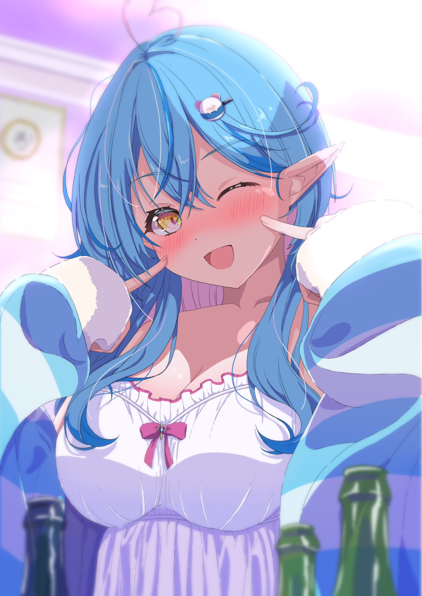 1girl absurdres ahoge alcohol blue_hair blue_jacket blurry blurry_background blush breasts camisole character_hair_ornament cleavage commentary_request crossed_bangs daifuku_(yukihana_lamy) dot_nose double-parted_bangs drunk elf fingers_to_cheek frilled_camisole frills glass_bottle hair_between_eyes hair_ornament hairclip heart heart_ahoge highres hololive jacket large_breasts long_hair long_sleeves looking_at_viewer mimo_(mimo_illust) official_alternate_costume official_alternate_hairstyle one_eye_closed open_clothes open_jacket open_mouth pajamas pointy_ears sidelocks sleepwear sleeves_past_fingers sleeves_past_wrists smile solo striped_clothes striped_jacket upper_body virtual_youtuber white_camisole yellow_eyes yukihana_lamy yukihana_lamy_(4th_costume)