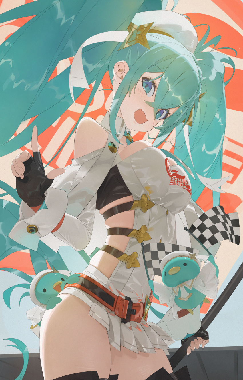 1girl aqua_eyes aqua_hair aqua_necktie bare_shoulders beret bird black_gloves breasts checkered_flag commentary_request cowboy_shot crossed_bangs duck fingerless_gloves flag gloves hair_between_eyes hair_ornament hat hatsune_miku highres holding holding_flag index_finger_raised koyo2023 long_hair looking_at_viewer medium_breasts micro_shorts necktie open_mouth racing_miku racing_miku_(2023) shorts sideless_outfit smile solo star_(symbol) star_hair_ornament twintails very_long_hair vocaloid white_headwear