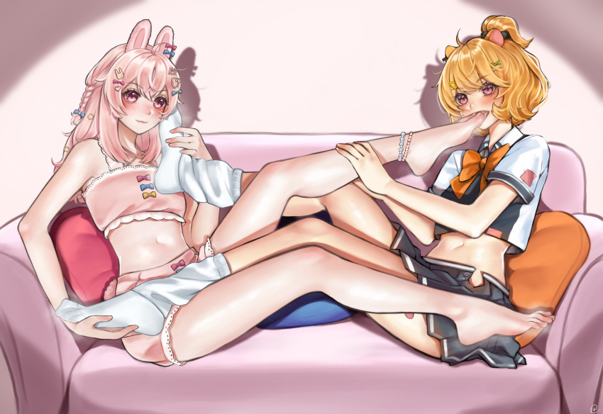 2girls animal_ears bare_legs barefoot bead_anklet blue_bow blush bow bowtie braid collared_shirt commission couch derivative_work eimi_isami feet full_body hair_bow hair_ornament hairclip highres holding holding_another's_foot indoors legs long_hair long_legs loose_socks medium_hair midriff multiple_girls navel nikishiko no_shoes on_couch open_mouth orange_bow orange_bowtie orange_hair phase_connect pink_bow pink_eyes pink_hair pink_shorts pipkin_pippa pixiv_commission rabbit_ears rabbit_girl shadow shirt short_shorts short_sleeves shorts signature sitting smell smile socks steaming_body stomach toenails toes virtual_youtuber white_socks x_hair_ornament yuri