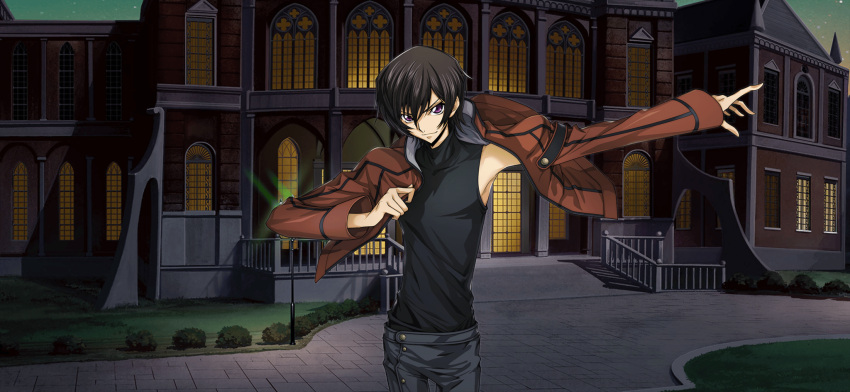 1boy arm_up armpits artist_request black_hair black_shirt brown_jacket building bush buttons closed_mouth code_geass code_geass:_lost_stories covered_collarbone cowboy_shot dressing game_cg grey_pants hair_between_eyes hand_up happy highres jacket lamppost lelouch_vi_britannia long_sleeves looking_at_viewer male_focus non-web_source official_art open_clothes open_jacket outdoors outstretched_arm pants purple_eyes putting_on_jacket railing shirt shirt_tucked_in short_hair sidelocks sleeveless sleeveless_shirt smile solo standing sunset turtleneck_shirt v-shaped_eyebrows window