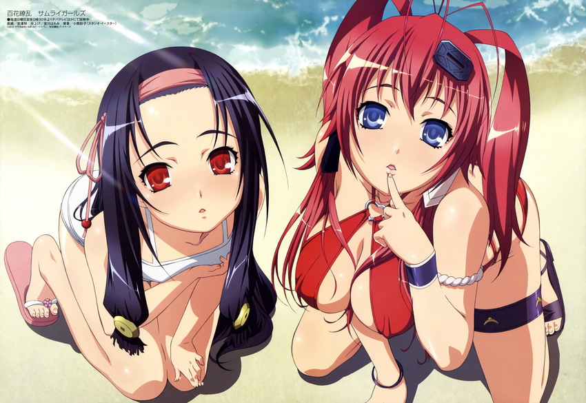 absurdres age_difference all_fours antenna_hair armband bangs beach bent_over bikini black_hair blue_eyes blush bracelet breast_hold breasts child cleavage covered_nipples day feet finger_to_mouth flat_chest hair_ornament hairband halter_top halterneck hand_on_own_knee heart highres hyakka_ryouran_samurai_girls jewelry kneeling large_breasts light_rays long_hair looking_at_viewer low-tied_long_hair megami miyazawa_tsutomu multiple_girls non-web_source o-ring o-ring_bikini o-ring_top ocean official_art on_ground one-piece_swimsuit open_mouth outdoors red_bikini red_eyes red_hair ribbon rope sanada_yukimura_(hyakka_ryouran) sandals scan school_swimsuit shadow shiny shiny_hair shoe_dangle sidelocks spread_legs sunbeam sunlight swimsuit thigh_gap thigh_strap tiptoes twintails water white_school_swimsuit white_swimsuit wristband yagyuu_juubei_(hyakka_ryouran)