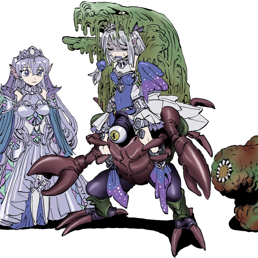 2girls armor beastking_of_the_swamps blue_eyes carrying closed_eyes crab_turtle cyclops diadem dress duel_monster fins fish grey_hair head_fins highres kitkallos_(yu-gi-oh!) lamprey long_hair looking_at_another monster multiple_girls one-eyed orrdriver piggyback pincers pointing riding shaded_face simple_background slime_(creature) tearlaments_merrli tearlaments_rulkallos white_background yu-gi-oh! zone_eater