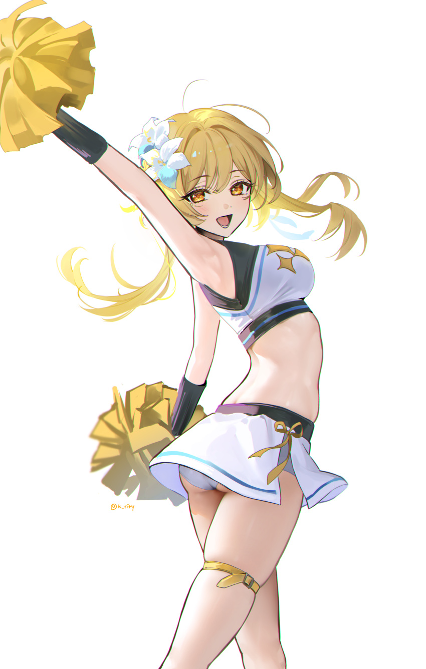 1girl :d absurdres arm_up armpits ass bare_arms blonde_hair breasts cheerleader commentary cowboy_shot crop_top flower genshin_impact grey_panties hair_flower hair_ornament highres holding holding_pom_poms large_breasts long_hair looking_at_viewer lumine_(genshin_impact) midriff miniskirt open_mouth panties pom_pom_(cheerleading) rity simple_background skirt smile solo standing thigh_strap thighs underwear white_background white_flower white_skirt yellow_eyes