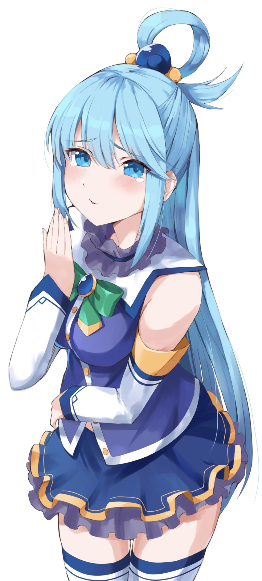 1girl absurdres aqua_(konosuba) bare_shoulders blue_eyes blue_hair blue_skirt blush bow breasts collared_shirt commentary_request cowboy_shot detached_sleeves eyes_visible_through_hair frilled_skirt frills green_bow hair_between_eyes hair_bobbles hair_ornament hair_rings half_updo hand_up highres kono_subarashii_sekai_ni_shukufuku_wo! large_breasts laughing long_hair long_sleeves looking_at_viewer shirt sidelocks simple_background single_hair_ring skirt smirk solo straight_hair tears thigh_gap tsurime very_long_hair white_background white_sleeves yanagi_marie zettai_ryouiki