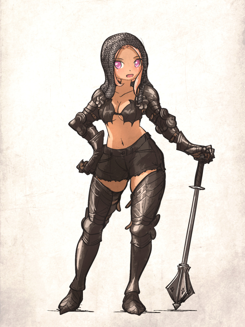 1girl armor blonde_hair breasts cleavage coif collarbone flanged_mace gauntlets hand_on_own_hip highres ironlily looking_at_viewer navel original pink_eyes pink_hair sabaton shorts solo