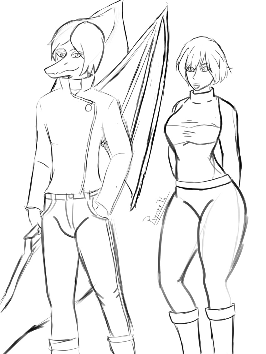 anon_(snoot_game) anthro black_and_white bone_frill boots breasts clothed clothing crossgender duo fang_(gvh) female footwear frill_(anatomy) ftm_crossgender goodbye_volcano_high hair hand_in_pocket head_crest head_frill hi_res human jacket looking_at_viewer male male_anthro mammal membrane_(anatomy) membranous_wings monochrome mtf_crossgender pockets pterodactylus pterosaur reptile ryner76 scalie smile snoot_game snout topwear wings