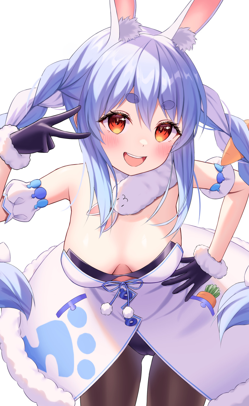 1girl absurdres animal_ear_fluff animal_ears black_gloves black_leotard blue_hair blush breasts carrot_hair_ornament don-chan_(usada_pekora) dress food-themed_hair_ornament fur-trimmed_dress fur-trimmed_gloves fur_trim gloves hair_ornament hand_on_own_hip highres hololive kumoru_(kumoru_145) leotard leotard_under_clothes long_hair looking_at_viewer medium_breasts multicolored_hair open_mouth rabbit-shaped_pupils rabbit_ears rabbit_girl red_eyes short_eyebrows smile solo symbol-shaped_pupils teeth two-tone_hair upper_teeth_only usada_pekora usada_pekora_(1st_costume) v virtual_youtuber white_dress white_hair