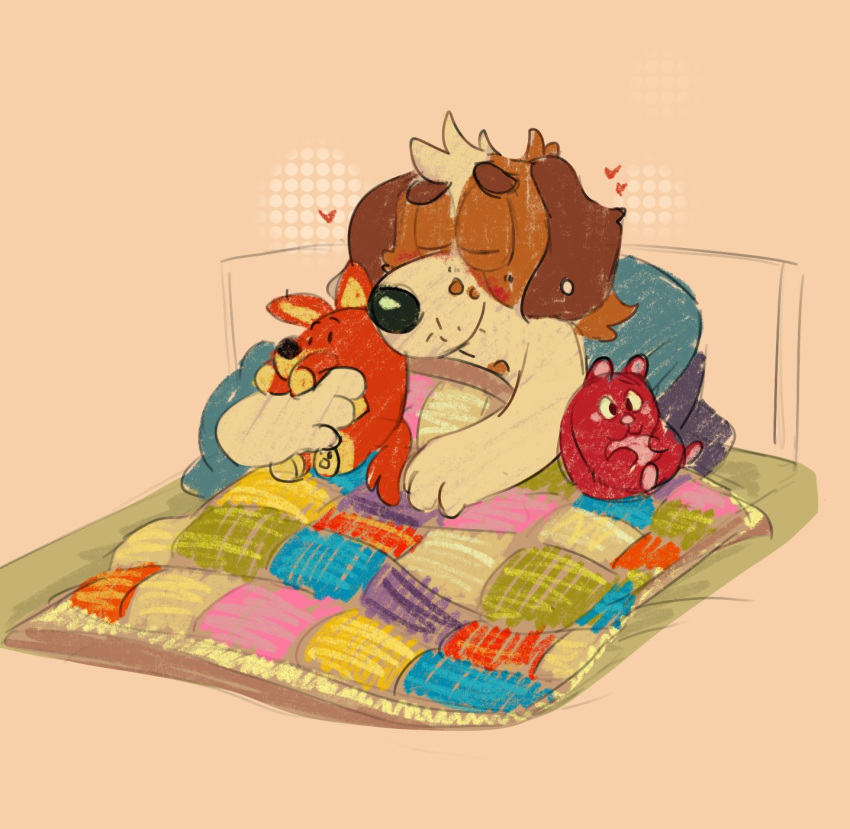 &lt;3 aged_up anthro bed bedding blanket bluey_(series) canid canine canis domestic_dog ear_piercing fur furniture hi_res hunting_dog jack_russell_(bluey) jack_russell_terrier lying lying_on_bed male mammal multicolored_blanket on_bed piercing pillow plushie shaibey simple_background sleeping solo terrier