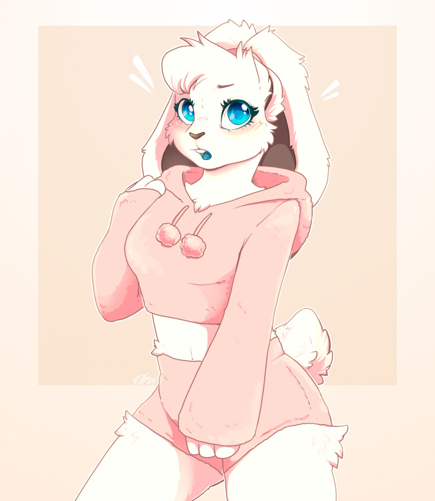 anthro biped black_nose blue_eyes blue_tongue bottomwear buckteeth clothed clothing digital_drawing_(artwork) digital_media_(artwork) female fully_clothed fur grey_inner_ear hi_res hoodie hotpants lagomorph leporid lucy_(tiredlittlelucy) mammal pink_bottomwear pink_clothing pink_hoodie pink_shorts pink_topwear rabbit shocked_expression shorts solo standing tail teeth tiredlittlelucy tongue topwear white_body white_ears white_fur white_tail