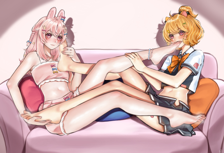 2girls animal_ears bare_legs barefoot bead_anklet blue_bow blush bow bowtie braid collared_shirt commission couch derivative_work eimi_isami feet full_body hair_bow hair_ornament hairclip highres holding holding_another's_foot indoors legs long_hair long_legs medium_hair midriff multiple_girls navel nikishiko on_couch open_mouth orange_bow orange_bowtie orange_hair phase_connect pink_bow pink_eyes pink_hair pink_shorts pipkin_pippa pixiv_commission rabbit_ears rabbit_girl shadow shirt short_shorts short_sleeves shorts signature sitting smell smile steaming_body stomach toenails toes virtual_youtuber x_hair_ornament yuri
