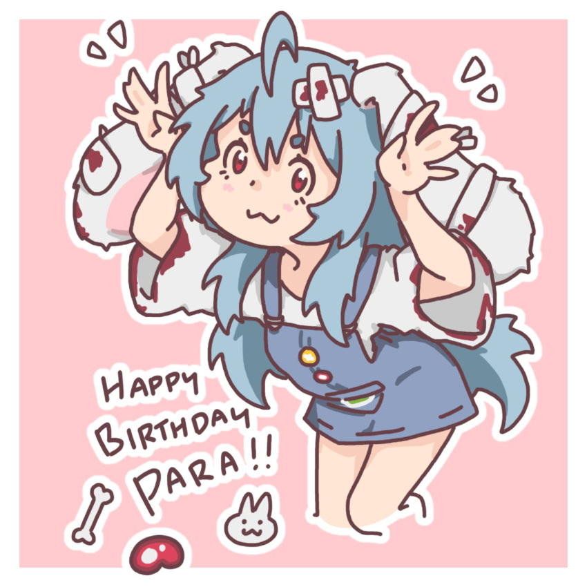 1girl :3 ahoge animal_ears aomorii bandaged_ear bandages bent_over blood blood_on_bandages blood_on_sleeves blue_hair border cowboy_shot hair_between_eyes happy_birthday highres hikimayu indie_virtual_youtuber light_blue_hair long_hair lop_rabbit_ears outline overall_dress para_(vtuber) para_(vtuber)_(2nd_costume) pink_background rabbit_ears rabbit_girl rabbit_pose red_eyes shirt short_sleeves sidelocks very_long_hair virtual_youtuber white_border white_outline white_shirt