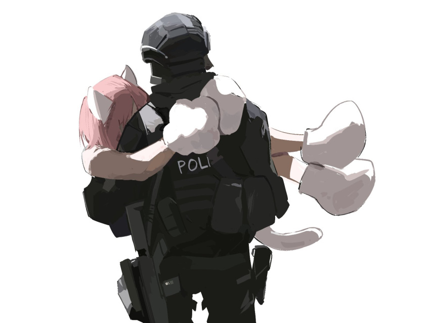 1boy 1girl animal_ears animal_hands arms_around_back assault_rifle carrying carrying_person cat_ears cat_girl cat_tail cheolsae from_behind gloves gun helm helmet highres holster original paw_gloves pink_hair police princess_carry rifle simple_background tail weapon white_background white_footwear