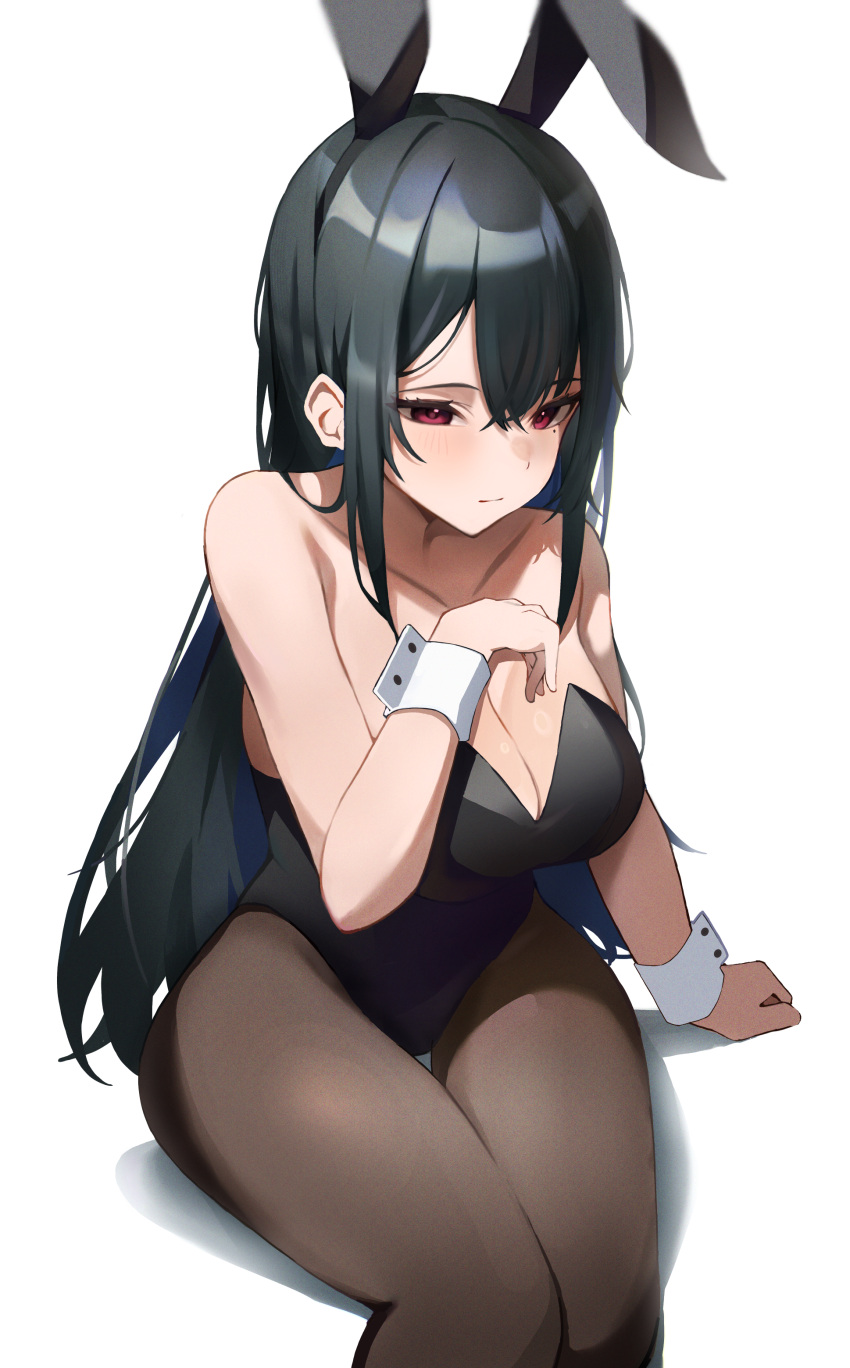 1girl absurdres alternate_costume animal_ears black_hair black_leotard black_pantyhose blue_hair blush breasts cleavage colored_inner_hair fake_animal_ears highres hololive hololive_english large_breasts leotard long_hair looking_at_viewer mole mole_under_eye mukana_meme multicolored_hair nerissa_ravencroft pantyhose playboy_bunny rabbit_ears red_eyes solo strapless strapless_leotard virtual_youtuber white_background white_wrist_cuffs wrist_cuffs
