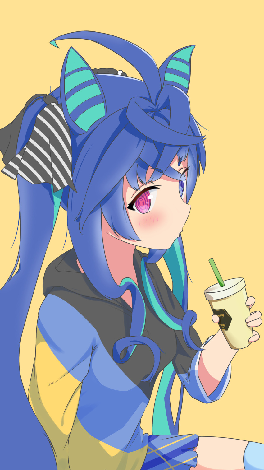 1girl absurdres animal_ears aqua_hair black_hoodie black_ribbon blue_eyes blue_hair blue_hoodie blue_skirt blue_thighhighs blush crossed_bangs cup disposable_cup from_side hair_ribbon heterochromia highres holding holding_cup hood hood_down hoodie horse_ears horse_girl ikarosub long_hair looking_at_viewer miniskirt multicolored_clothes multicolored_hair multicolored_hoodie plaid plaid_skirt pleated_skirt purple_eyes ribbon short_sleeves sidelocks simple_background sitting skirt solo tail thighhighs twin_turbo_(umamusume) twintails two-tone_hair umamusume very_long_hair yellow_background yellow_hoodie