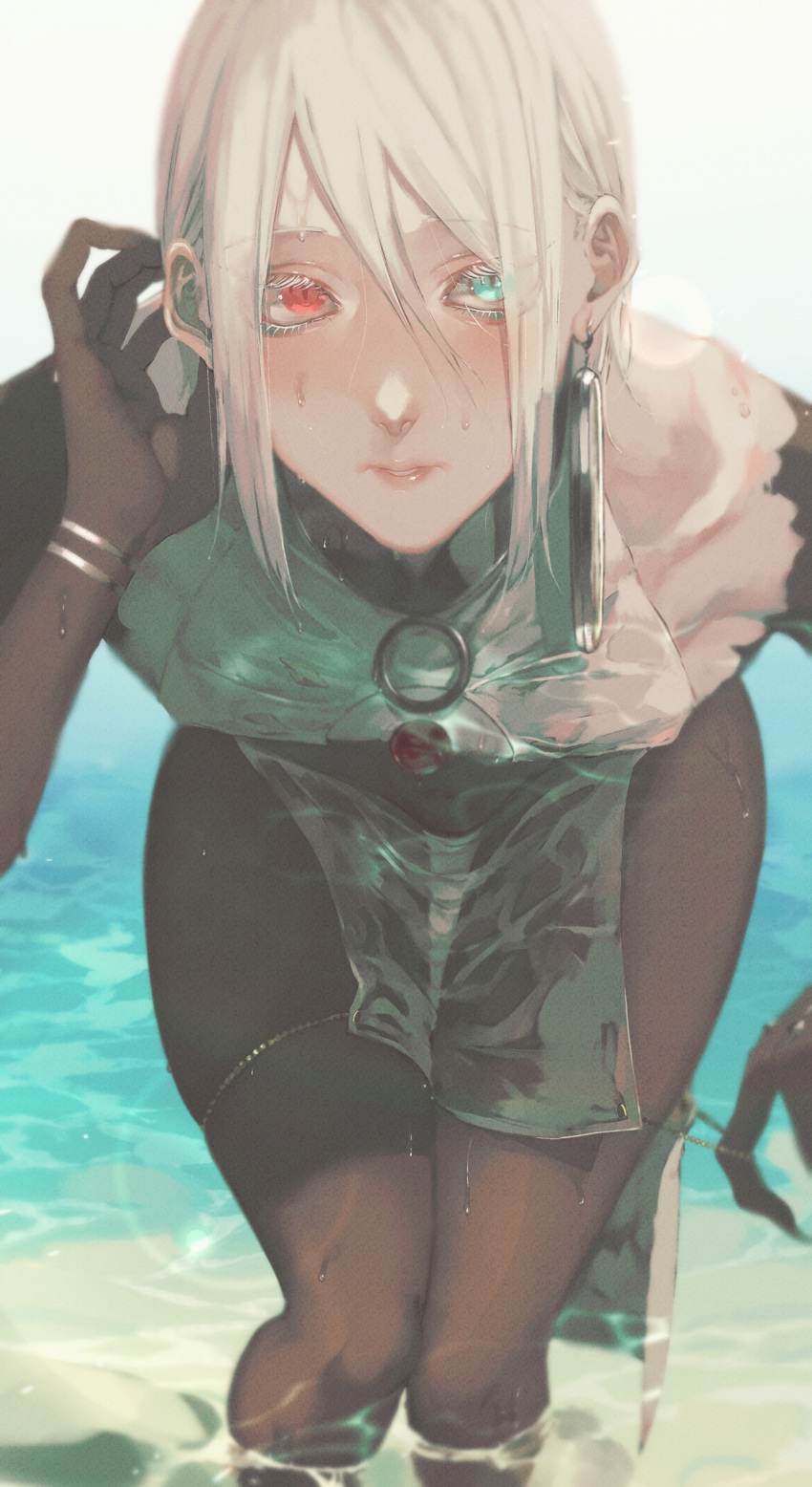 1boy absurdres androgynous beach bent_over blue_eyes blush colored_eyelashes earrings facing_viewer fate/grand_order fate_(series) foreshortening hair_behind_ear hair_between_eyes heterochromia highres jewelry karna_(fate) long_eyelashes parted_lips partially_submerged pink_lips red_eyes see-through sm solo water wet wet_clothes wet_hair white_hair