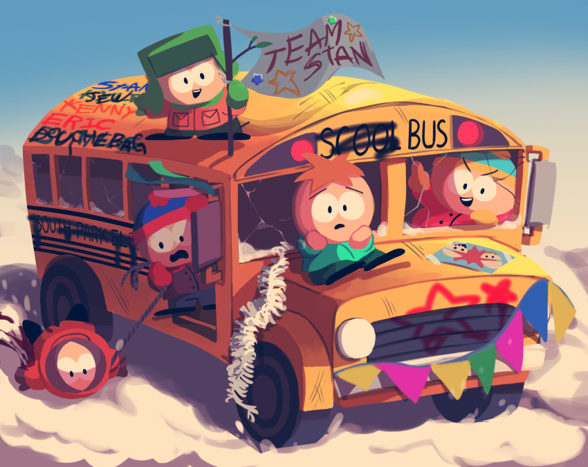 5boys beanie blonde_hair blood blue_headwear blue_jacket blue_pants blue_sky brown_jacket butters_stotch coat driving eric_cartman flag gloves graffiti green_headwear green_pants hat highres hiyashimeso hood hood_up injury jacket kenny_mccormick kyle_broflovski male_focus middle_finger multiple_boys orange_jacket outdoors pants phillip_niles_argyle pom_pom_(clothes) pom_pom_beanie red_gloves red_jacket rope school_bus sky snow south_park stan_marsh star_(symbol) terrance_henry_stoot yellow_coat