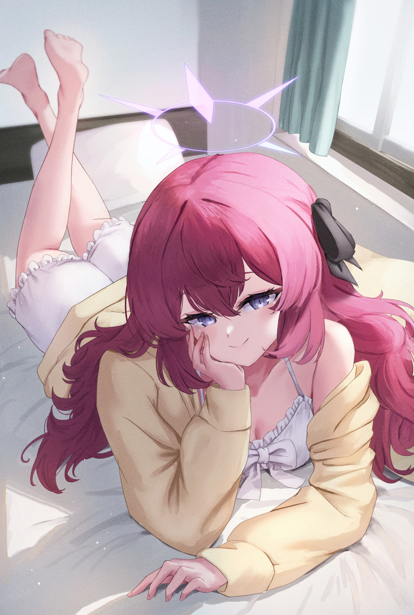 1girl absurdres alternate_costume barefoot bed bed_sheet blue_archive blush breasts camisole cleavage closed_mouth curtains hair_between_eyes halo highres indoors iroha_(blue_archive) long_hair long_sleeves lying on_stomach pillow purple_eyes purple_halo red_hair smile solo the_pose white_camisole window yakishio