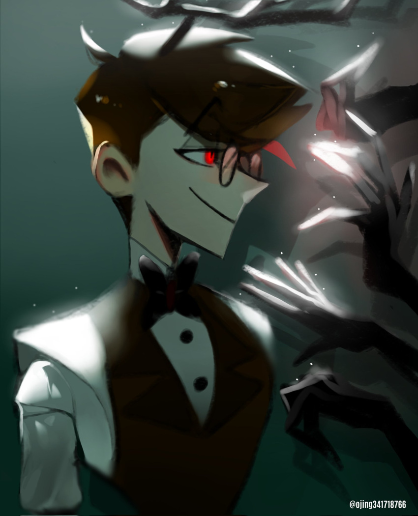 1girl alastor_(hazbin_hotel) black_bow bow brown_hair glasses glowing glowing_eye hazbin_hotel highres humanization looking_to_the_side male_focus ojing341718766 red_eyes red_vest smile solo suit vest