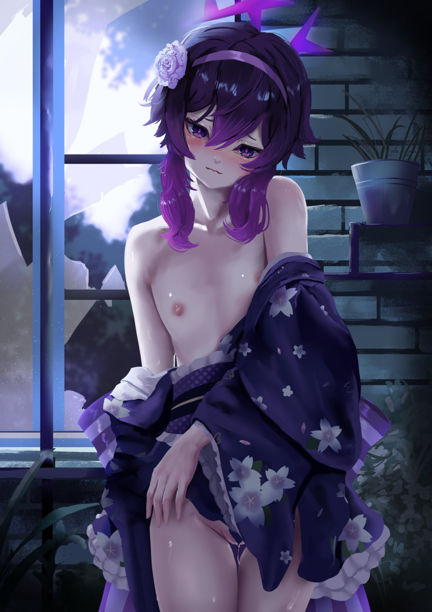 absurdres blue_archive blush broken_window commentary english_commentary flat_chest flower hair_between_eyes hair_flower hair_ornament hairband halo haruka_(blue_archive) haruka_(new_year)_(blue_archive) highres indoors japanese_clothes kimono long_hair looking_at_viewer nipples partially_undressed partially_visible_vulva plant potted_plant purple_eyes purple_flower purple_hair purple_hairband purple_halo purple_kimono pussy_juice rancidronin