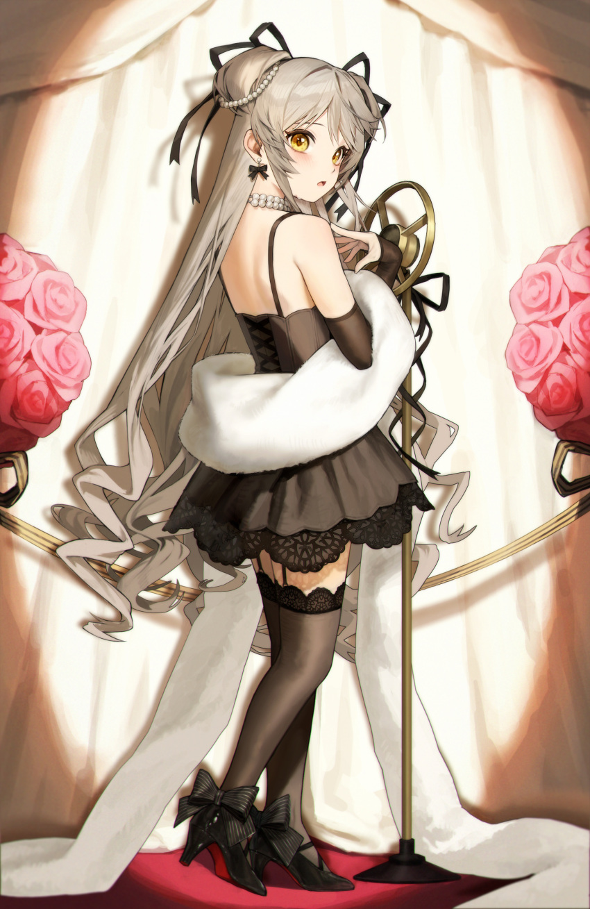 1girl absurdres black_bow black_dress black_ribbon blush bow bow_earrings desert_eagle_(girls'_frontline) dress earrings flower full_body garter_straps girls'_frontline grey_hair hair_ribbon high_heels highres jewelry kir_(khw66136132) looking_at_viewer microphone_stand necklace official_alternate_costume orange_eyes parted_lips pearl_hair_ornament pearl_necklace red_flower red_rose ribbon rose solo stole