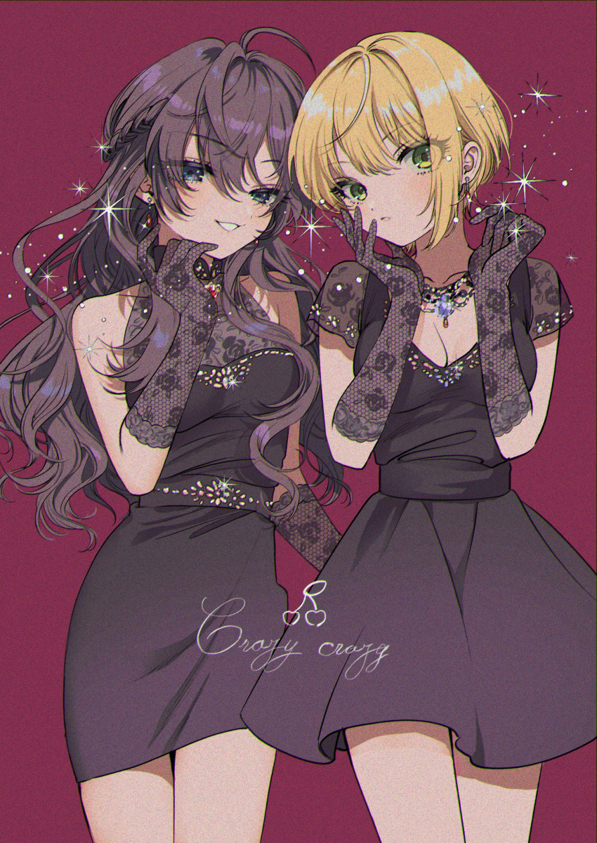 2girls ahoge bare_shoulders black_dress blonde_hair blue_eyes blush breasts brown_hair cherry cleavage closed_mouth collarbone cowboy_shot dress earrings elbow_gloves food fruit gloves green_eyes hair_between_eyes hand_up hands_up highres ichinose_shiki idolmaster idolmaster_cinderella_girls idolmaster_cinderella_girls_starlight_stage jewelry lace lace-trimmed_dress lace_gloves lace_trim lazy_lazy_(idolmaster) long_hair looking_at_viewer medium_breasts miyamoto_frederica multiple_girls murasaki_pomeranian necklace open_mouth purple_background red_brooch see-through see-through_cleavage see-through_sleeves short_hair short_sleeves simple_background sleeveless sleeveless_dress smile sparkle standing wavy_hair