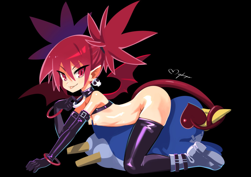 1girl 1other absurdres artist_name black_background black_choker black_gloves black_thighhighs boots breasts choker demon_girl demon_tail demon_wings disgaea earrings elbow_gloves english_commentary etna_(disgaea) from_side gloves highres jewelry looking_at_viewer lying makai_senki_disgaea_2 mmmalice nipples o-ring o-ring_choker on_stomach pointy_ears prinny red_eyes red_hair signature simple_background skull_earrings small_breasts tail tail_wrap thighhighs tongue tongue_out tsurime wings