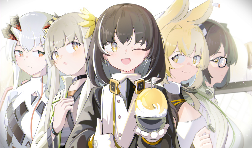 5girls ;d absurdres arknights black_hair black_jacket blonde_hair bowl brown_eyes brown_hair dorothy_(arknights) earrings glint gloves grey_hair grey_shirt hands_up highres holding holding_bowl horns jacket jewelry long_sleeves looking_at_viewer magallan_(arknights) muelsyse_(arknights) multicolored_hair multiple_girls one_eye_closed open_clothes open_jacket puffy_long_sleeves puffy_sleeves saria_(arknights) shirt silence_(arknights) smile spam_(spamham4506) streaked_hair upper_body white_gloves white_hair white_jacket yellow_eyes