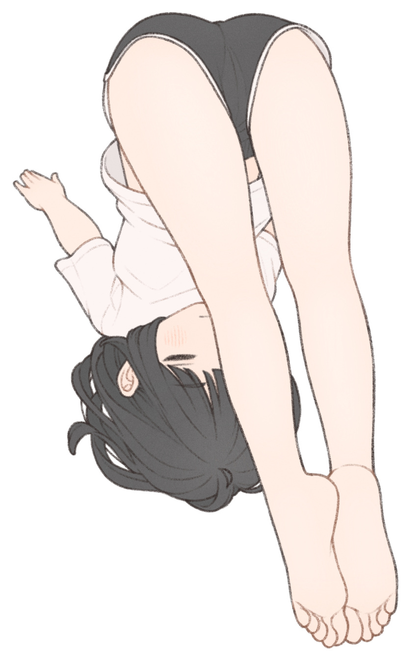 1girl 1ssakawaguchi absurdres bare_legs barefoot black_hair black_shorts bob_cut closed_eyes closed_mouth commentary dolphin_shorts highres ichika_(1ssakawaguchi) midriff_peek original shirt short_hair short_sleeves shorts simple_background solo stretching symbol-only_commentary toes white_background white_shirt