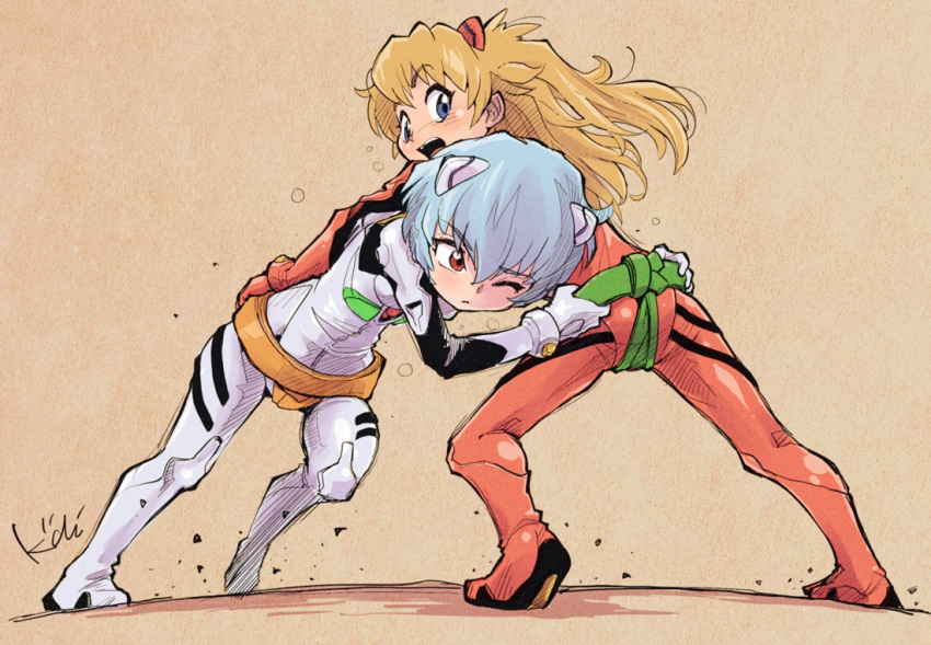 2girls ass ayanami_rei blue_eyes blue_hair blush bodysuit bodysuit_under_clothes brown_background fighting full_body fundoshi interface_headset japanese_clothes kiichi leaning_forward long_hair looking_at_viewer looking_back multiple_girls neon_genesis_evangelion one_eye_closed open_mouth orange_hair pilot_suit red_bodysuit red_eyes short_hair simple_background souryuu_asuka_langley standing white_bodysuit wrestling