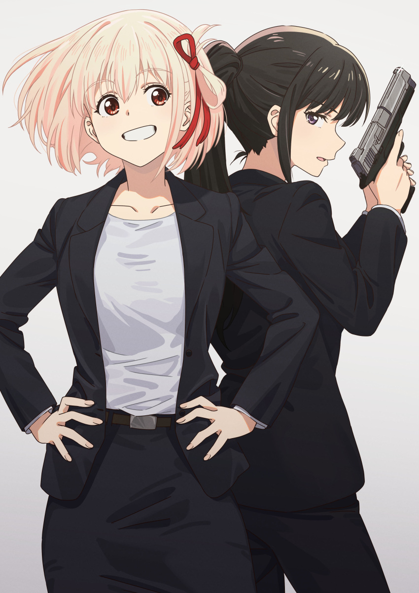 2girls absurdres asada7101 belt black_hair black_jacket black_pants black_skirt blonde_hair bob_cut brown_belt collarbone floating_hair grey_background gun hair_ribbon handgun hands_on_own_hips highres holding holding_gun holding_weapon inoue_takina jacket long_hair long_sleeves looking_at_viewer lycoris_recoil multiple_girls nishikigi_chisato official_alternate_hairstyle one_side_up open_clothes open_jacket open_mouth pants pencil_skirt ponytail purple_eyes red_eyes red_ribbon ribbon shirt short_hair sidelocks simple_background skirt smile trigger_discipline weapon white_shirt