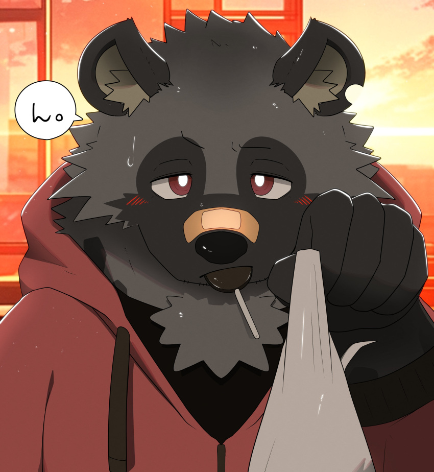 absurd_res anthro bandage black_body black_fur candy dessert food fur hi_res hyena japanese_text lollipop madarame_dotsu male mammal plastic_bag situkwiyd solo speech_bubble text vtuber