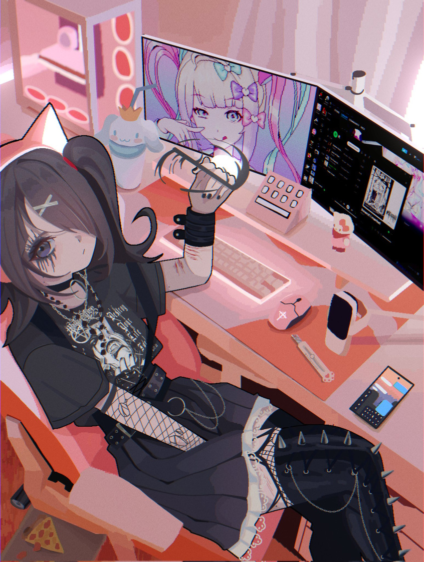 1girl ame-chan_(needy_girl_overdose) animal_ear_headphones animal_ears at_computer belt between_legs black_belt black_choker black_eyeliner black_hair black_nails black_shirt black_skirt blonde_hair blue_bow blue_eyes blue_hair bow cat_ear_headphones cellphone chain chair choker chouzetsusaikawa_tenshi-chan computer computer_tower cuffs cup curtains desk emo_fashion eyelashes eyeliner fake_animal_ears fishnet_gloves fishnet_thighhighs fishnets food gaming_chair gloves gothic hair_bow hair_ornament hair_over_one_eye hairclip hand_between_legs headphones hello_kitty highres indoors irreligiositat jewelry keyboard_(computer) long_hair long_sleeves looking_at_viewer looking_back makeup monitor mouse_(computer) multicolored_hair multiple_hair_bows nail_polish necklace needy_girl_overdose office_chair phone pink_bow pink_hair pizza pleated_skirt quad_tails razor razor_blade sanrio scar self-harm_scar shirt short_sleeves sitting skirt smartphone smile solo spikes stylus swivel_chair thighhighs twintails x_hair_ornament