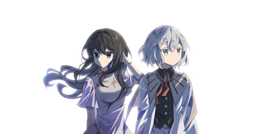 2girls black_eyes black_hair black_vest breasts buttons chinese_commentary closed_mouth coat collared_shirt commentary_request eyelashes flat_chest grey_eyes grey_hair grey_vest haru_(len'en) highres jian_xing_zao len'en long_hair long_sleeves multiple_girls neck_ribbon open_clothes open_coat pink_shirt red_ribbon ribbon shirt shitodo_hoojiro short_sleeves simple_background small_breasts vest white_background white_coat white_shirt