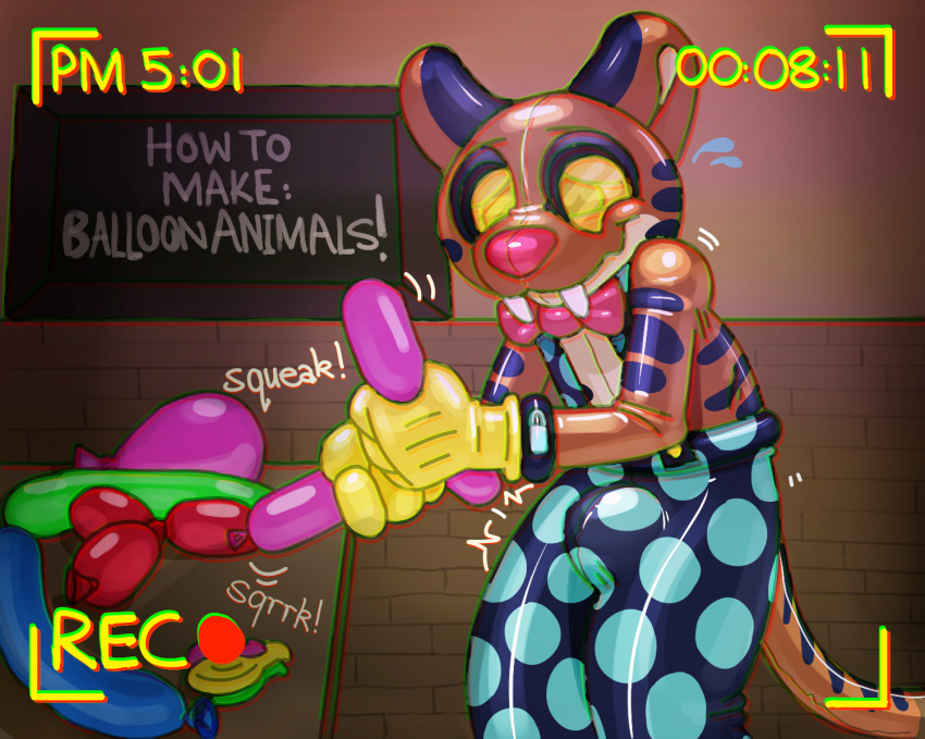 2023 animal_costume anthro balloon balloon_animal balloon_fetish biped bow_tie bulge camera_view clothed clothing costume digital_drawing_(artwork) digital_media_(artwork) english_text ensignblue felid glistening inflatable latex lock_symbol long_tail mammal mascot overalls polka_dots red_nose saber-toothed_tiger solo sound_effects squeaking striped_body stripes tail texsaber_(character) text tusks