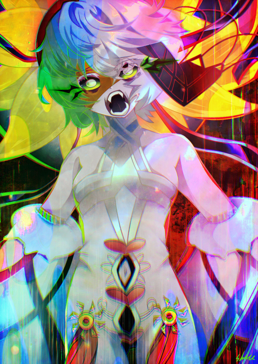 1girl bare_shoulders black_ribbon black_sclera black_tongue black_veil breasts bright_pupils clothing_cutout colored_sclera colored_skin colored_tongue dark_background detached_sleeves dress fate/grand_order fate_(series) flower gradient_eyes hair_flower hair_ornament highres large_hat long_sleeves looking_at_viewer multicolored_eyes navel navel_cutout open_mouth puffy_sleeves ribbon shiushiu_kurauneru_plus short_hair small_breasts solo sunflower sunflower_hair_ornament teeth van_gogh_(fate) van_gogh_(third_ascension)_(fate) veil white_dress white_hair white_pupils white_skin yellow_eyes