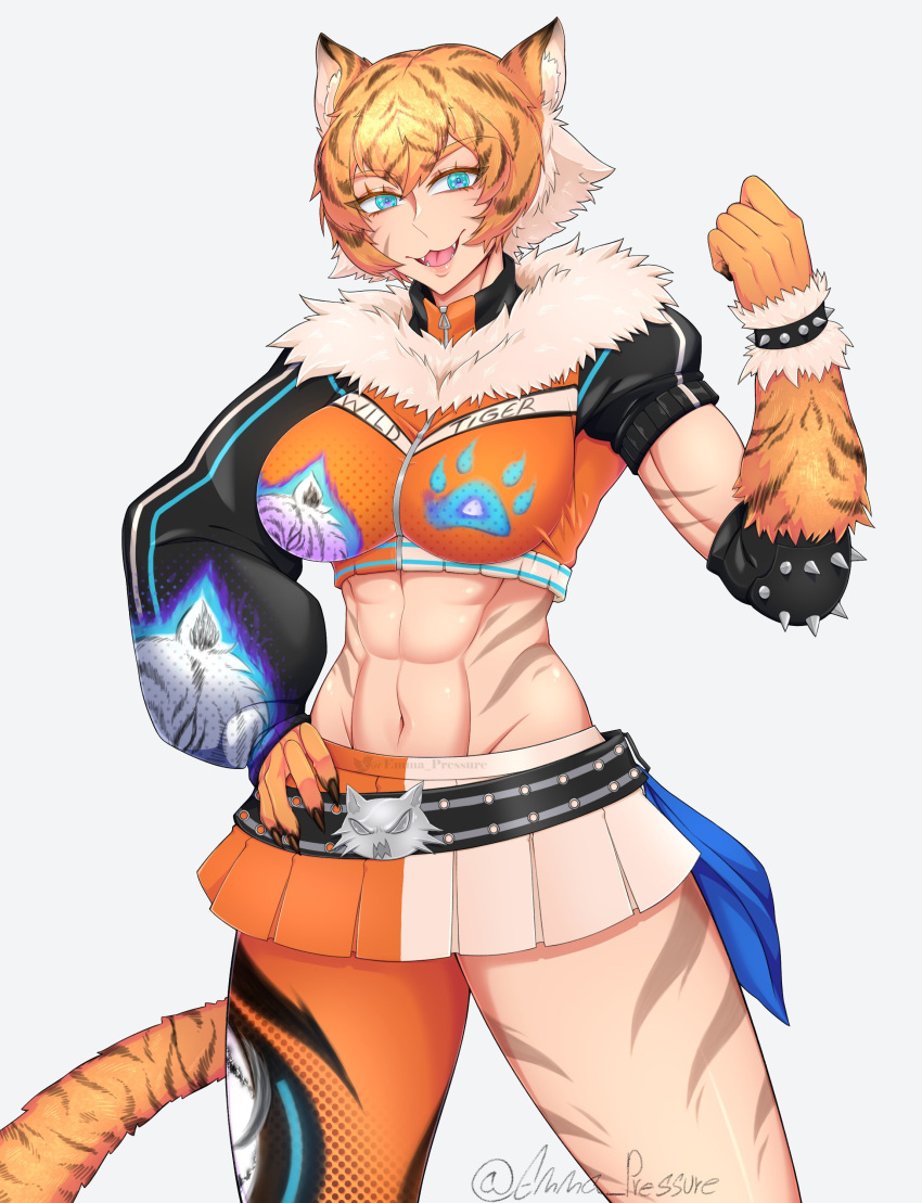 1girl abs absurdres animal_ears breasts curvy emma_pressure highres large_breasts mature_female muscular muscular_female tail tiger_ears tiger_girl tiger_stripes tiger_tail