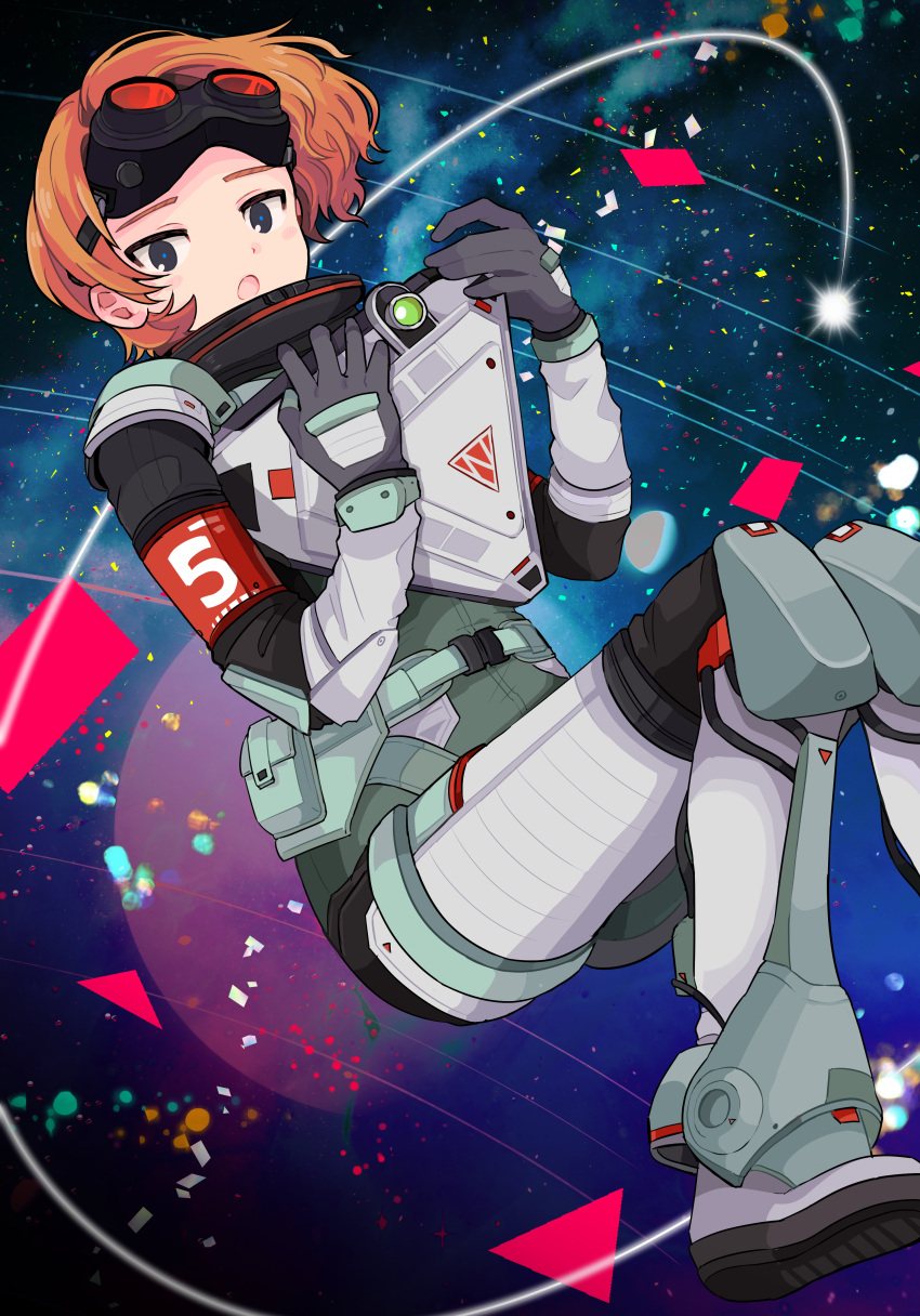 1girl :o absurdres animification apex_legends black_gloves blue_eyes boots floating gloves goggles goggles_on_head highres holding horizon_(apex_legends) kansaibito looking_at_viewer open_mouth orange_hair planet short_hair solo space spacesuit star_(sky)