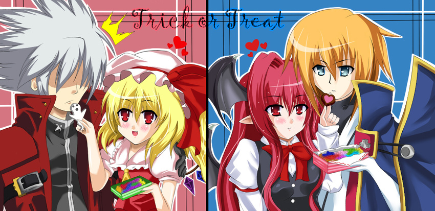 2boys 2girls aqua_eyes bad_id bad_pixiv_id bat_wings belt beret blazblue blonde_hair blush box candy coat crossover demon_tail dress eien_no_kurayami flandre_scarlet food ghost gloves halloween hat heart japanese_clothes jin_kisaragi koakuma long_coat military military_uniform multiple_boys multiple_girls necktie pointy_ears ragna_the_bloodedge red_eyes red_hair ribbon silver_hair sparkle tail touhou uniform wings